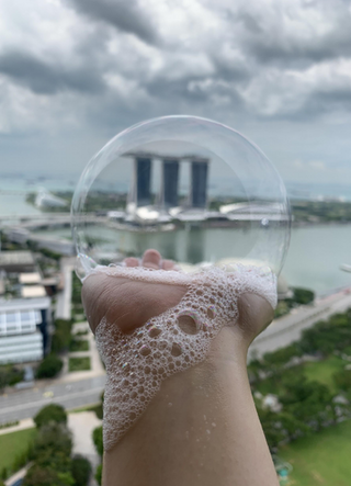 Photo of a bubble against a city skyline